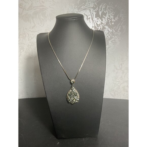 Long Silver Necklace With Teardrop Crystal Pendant & Rhinestone Accents - Picture 2 of 5